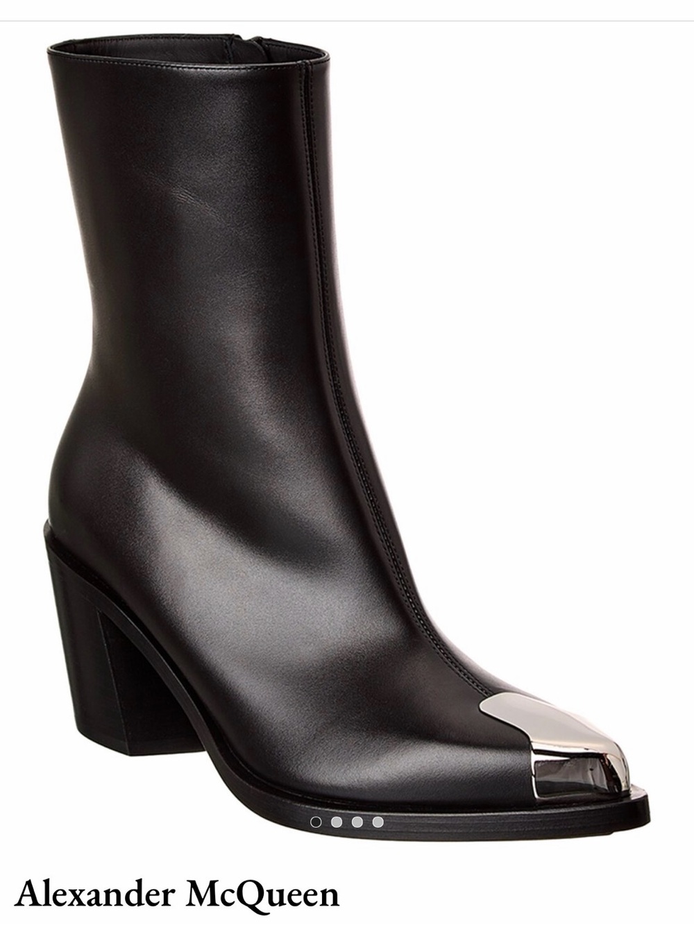 Alexander McQueen Black Leather Ankle Boot with Metallic Silver Toe